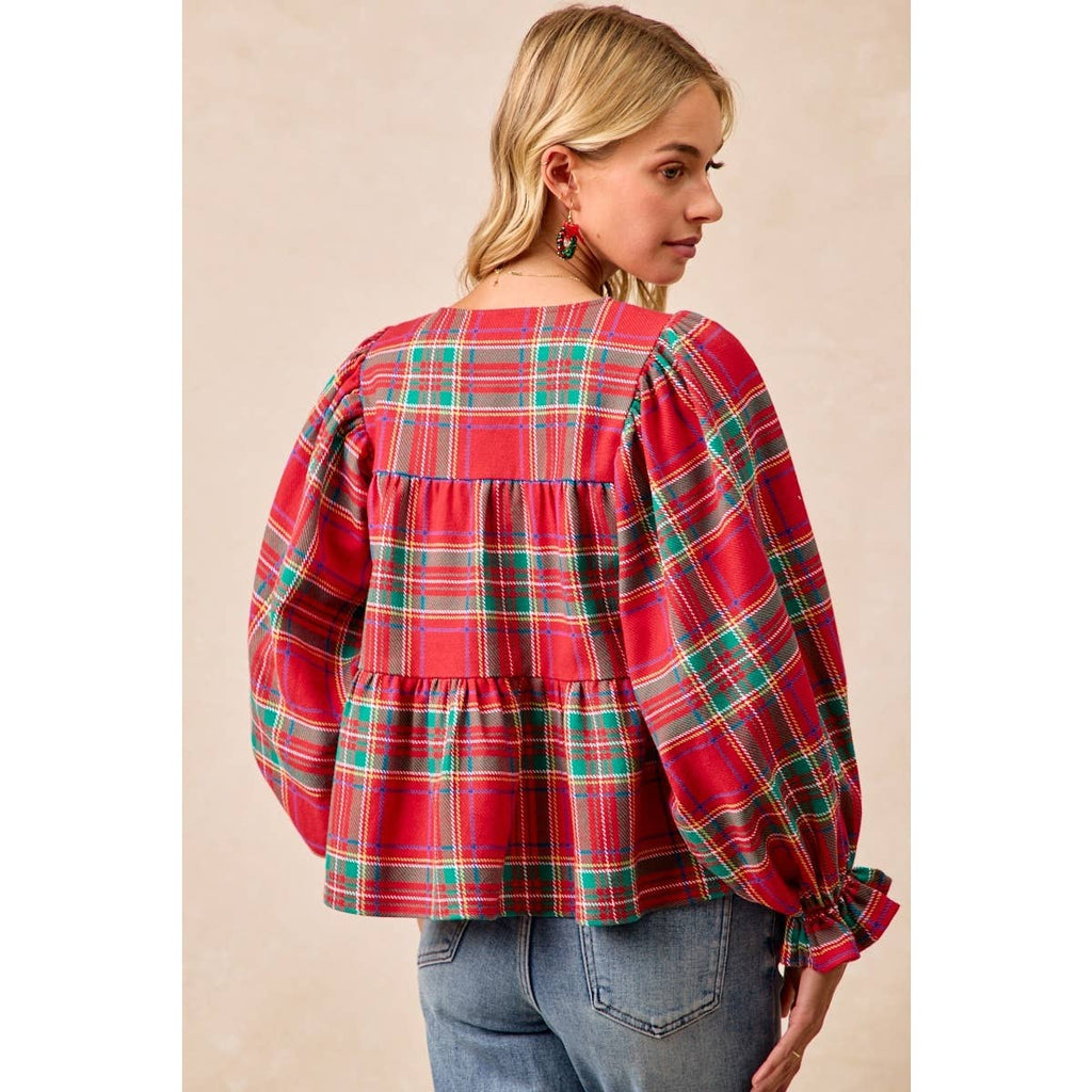 CHRISTMAS PLAID TOP WITH FRONT BOW TIED DETAILS