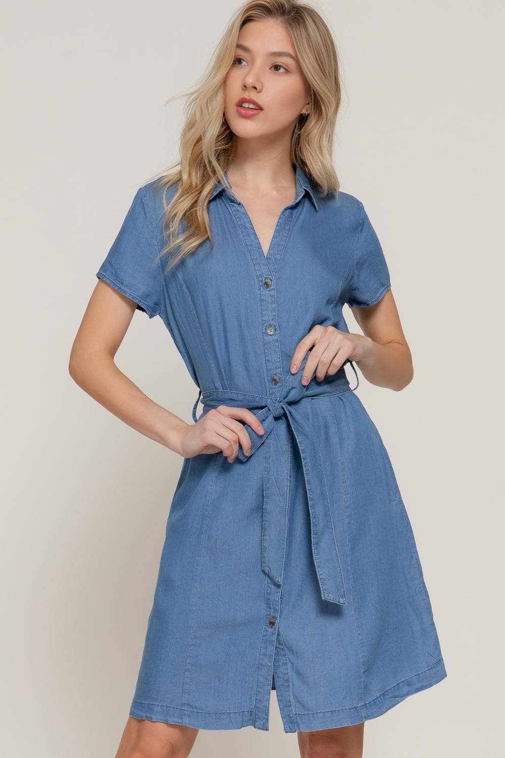 0420 Belted Tencel Shirt Mini Dress w/ Side Pockets SI-26238