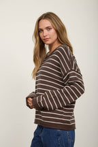 CREAM STRIPED DROP SHOULDER CREW NECK SWEATER