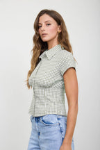 GINGHAM COLLARED SHORT SLEEVE CONTOURED TOP