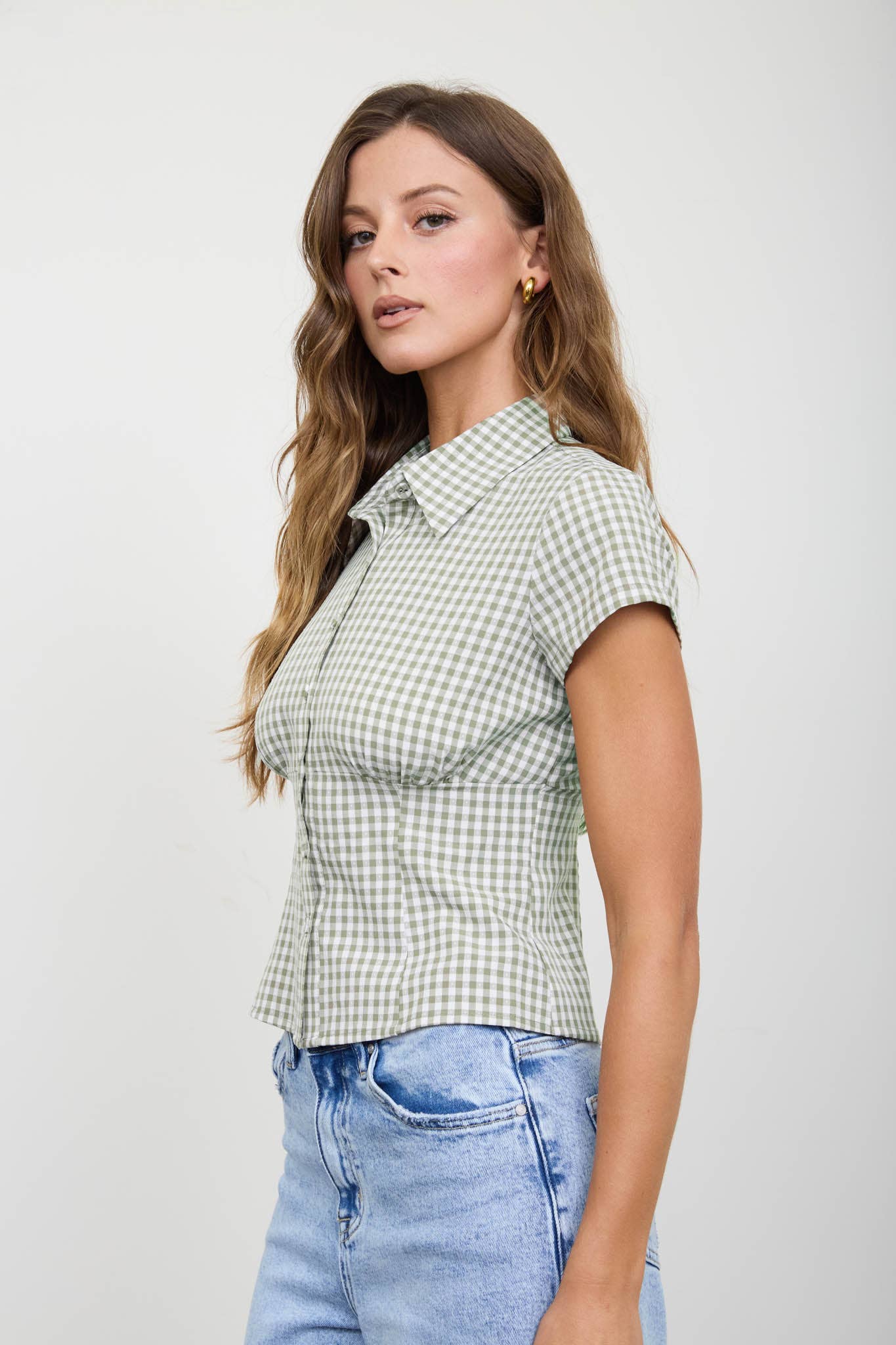 GINGHAM COLLARED SHORT SLEEVE CONTOURED TOP