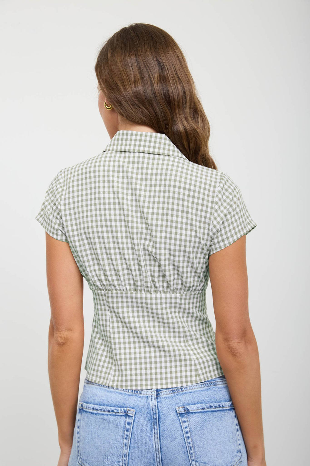 GINGHAM COLLARED SHORT SLEEVE CONTOURED TOP