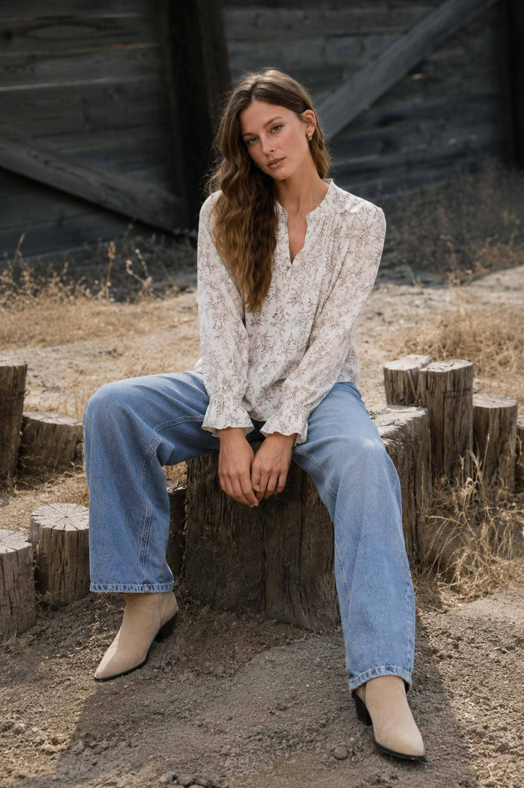 FLORAL LEAF PRINT SPLIT NECK LONG SLEEVE BLOUSE