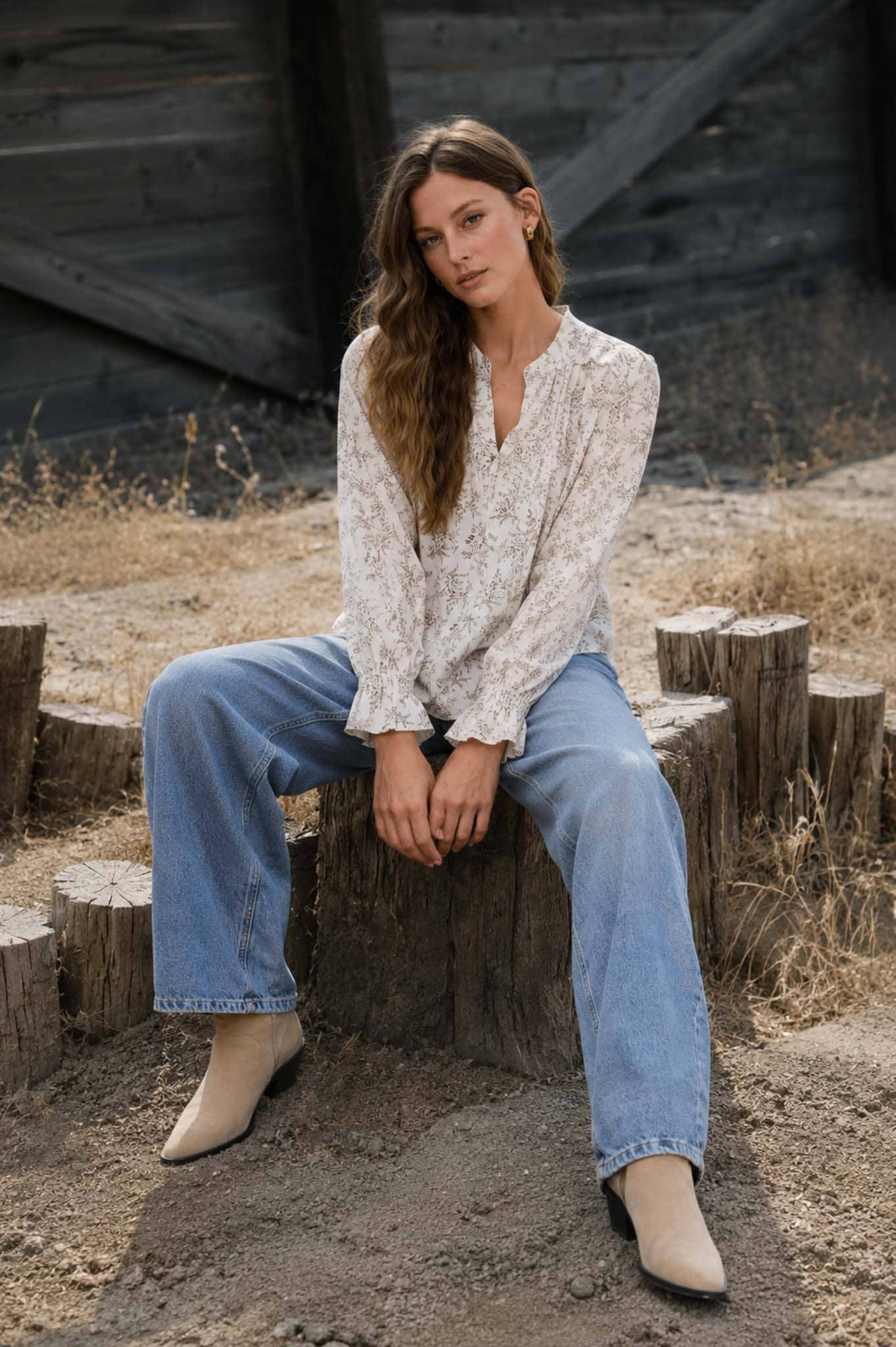 FLORAL LEAF PRINT SPLIT NECK LONG SLEEVE BLOUSE