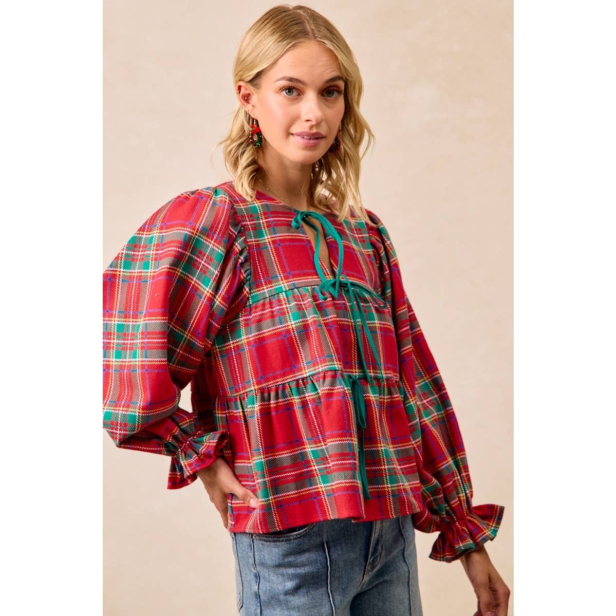 CHRISTMAS PLAID TOP WITH FRONT BOW TIED DETAILS