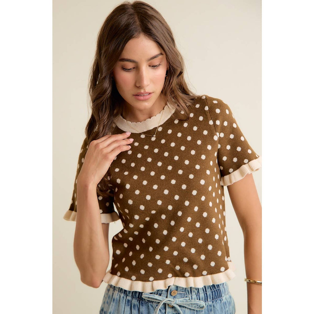 POLKA DOT RUFFLED SHORT SLEEVES SWEATER KNIT TOP