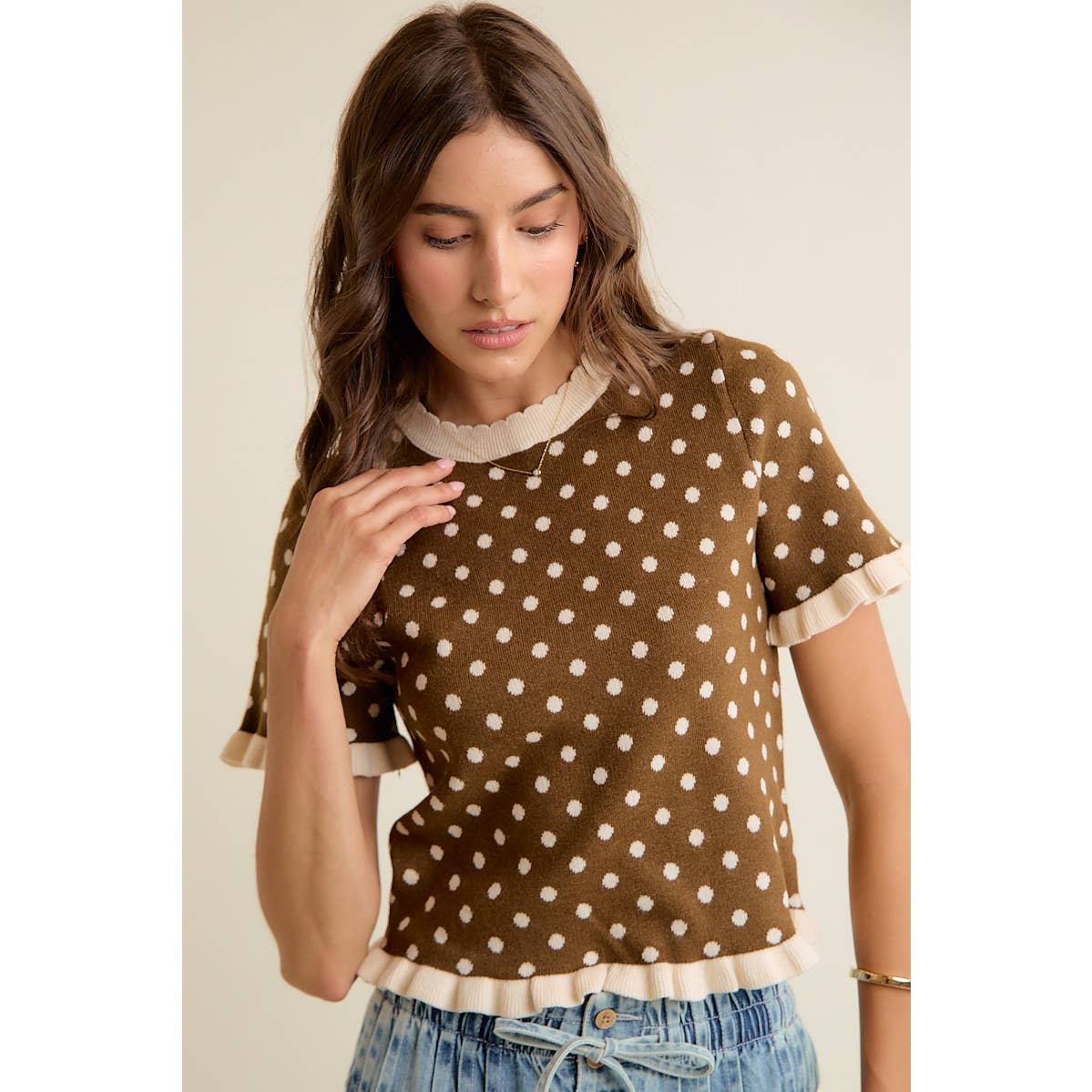 POLKA DOT RUFFLED SHORT SLEEVES SWEATER KNIT TOP