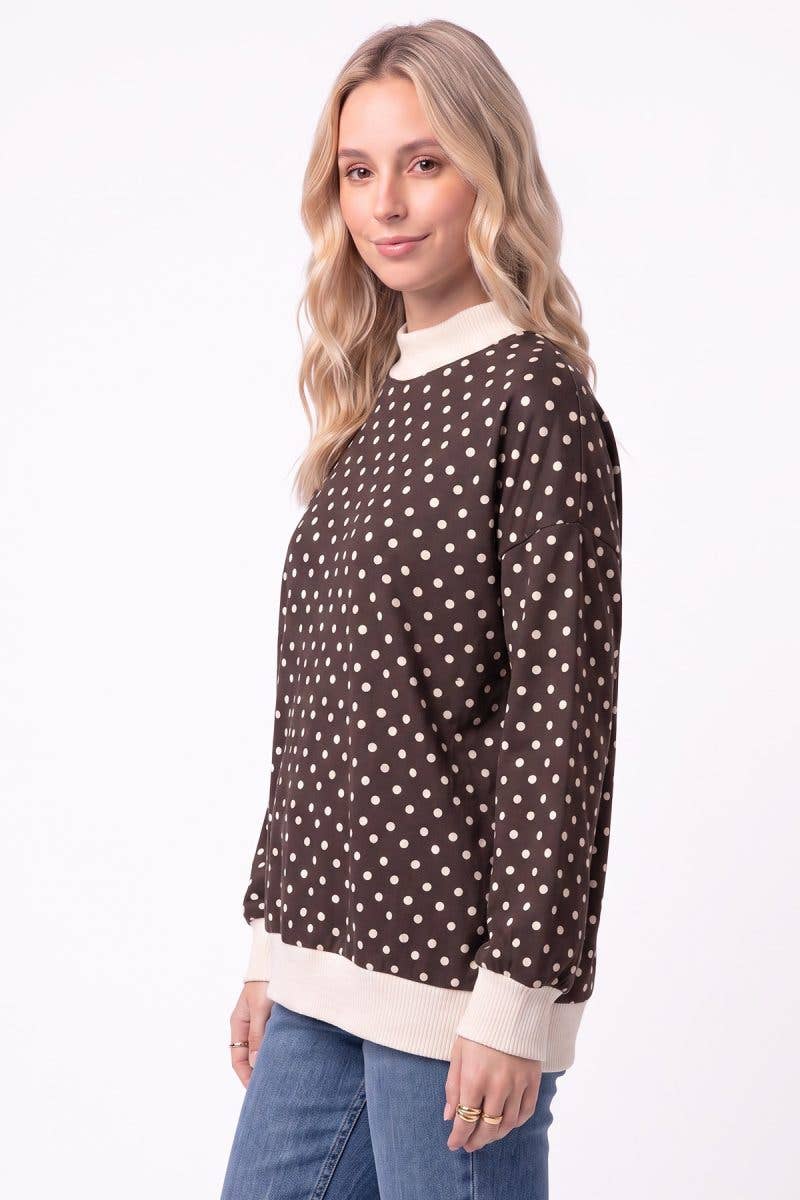 Polka Dot Ribbed Contrast Pullover Top