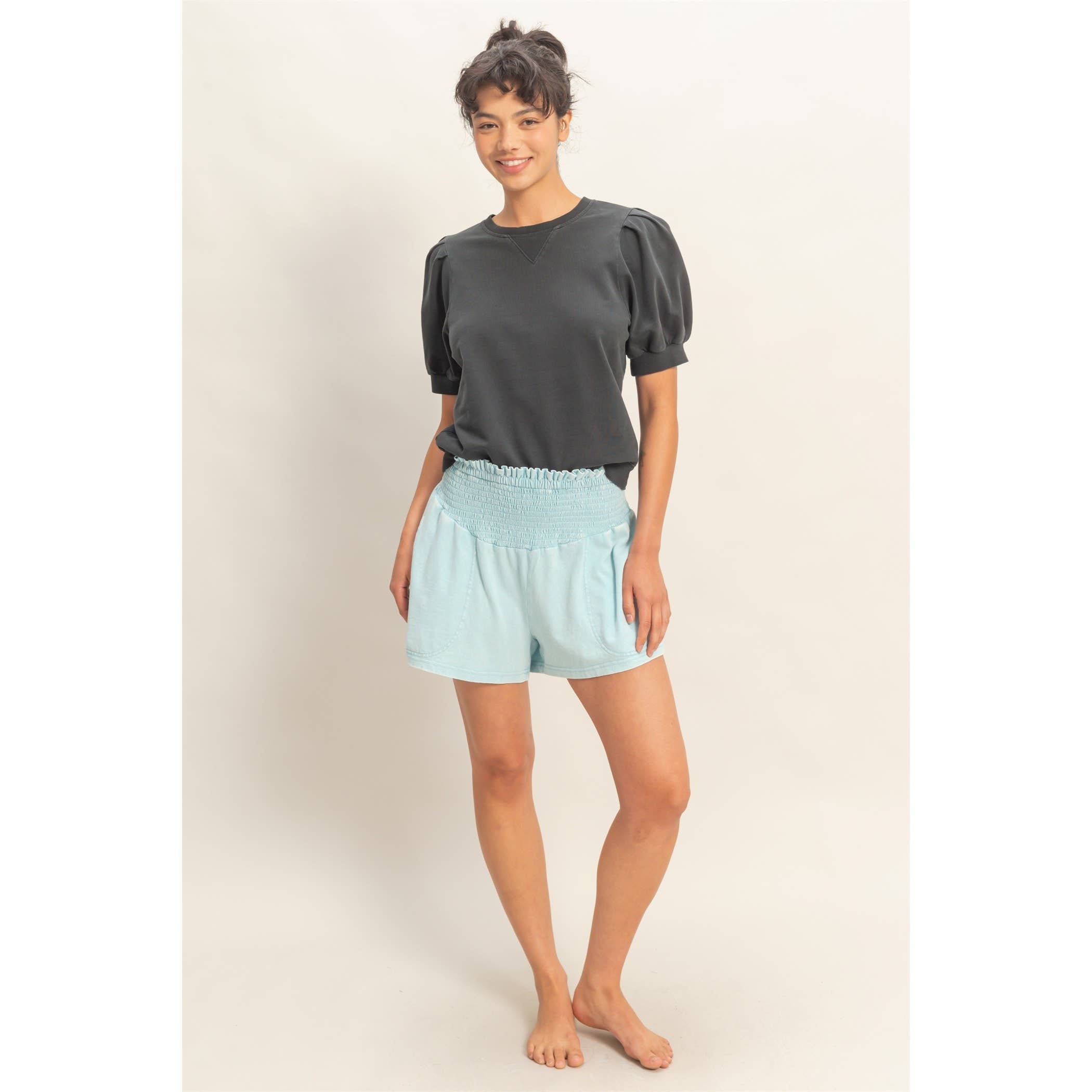 Smocked Waist Mineral Wash Shorts