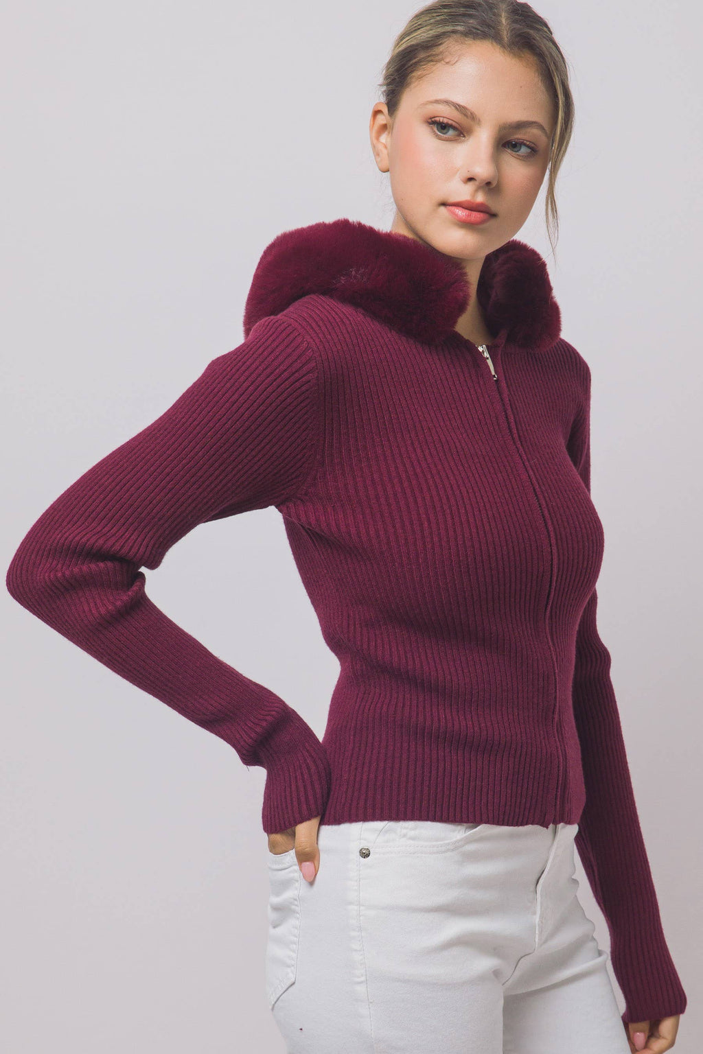 Faux-fur Trim Hooded Zip-up Sweater