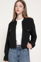 Long Sleeve Crew Neck Felt Jacket with Pocket Flap Detail