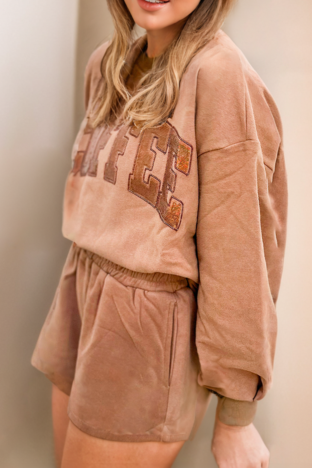 Coffee Sequin Sweatshirt + Shorts Set