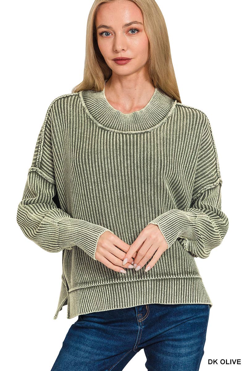 `Washed Side Slit Oversized Cropped Sweater SI-26510 Zenana