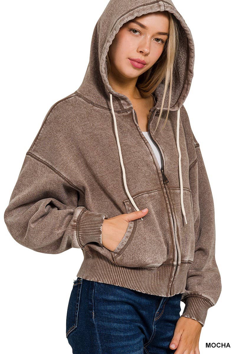Acid Wash Fleece Cropped Zip-up Hoodie W Pockets