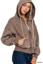 Acid Wash Fleece Cropped Zip-up Hoodie W Pockets