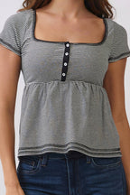 JT57348S - STRIPE SQUARE NK HENLEY BABYDOLL TEE