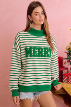 CHRISTMAS STRIPE AND MERRY PATCHWORK MOCK NECK TOP