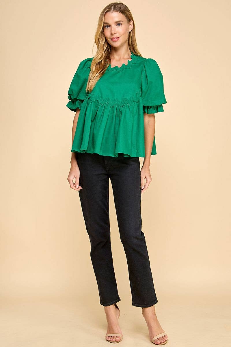 CT9094-Ricrac Detailed Swing Style Bubble Sleeve Top