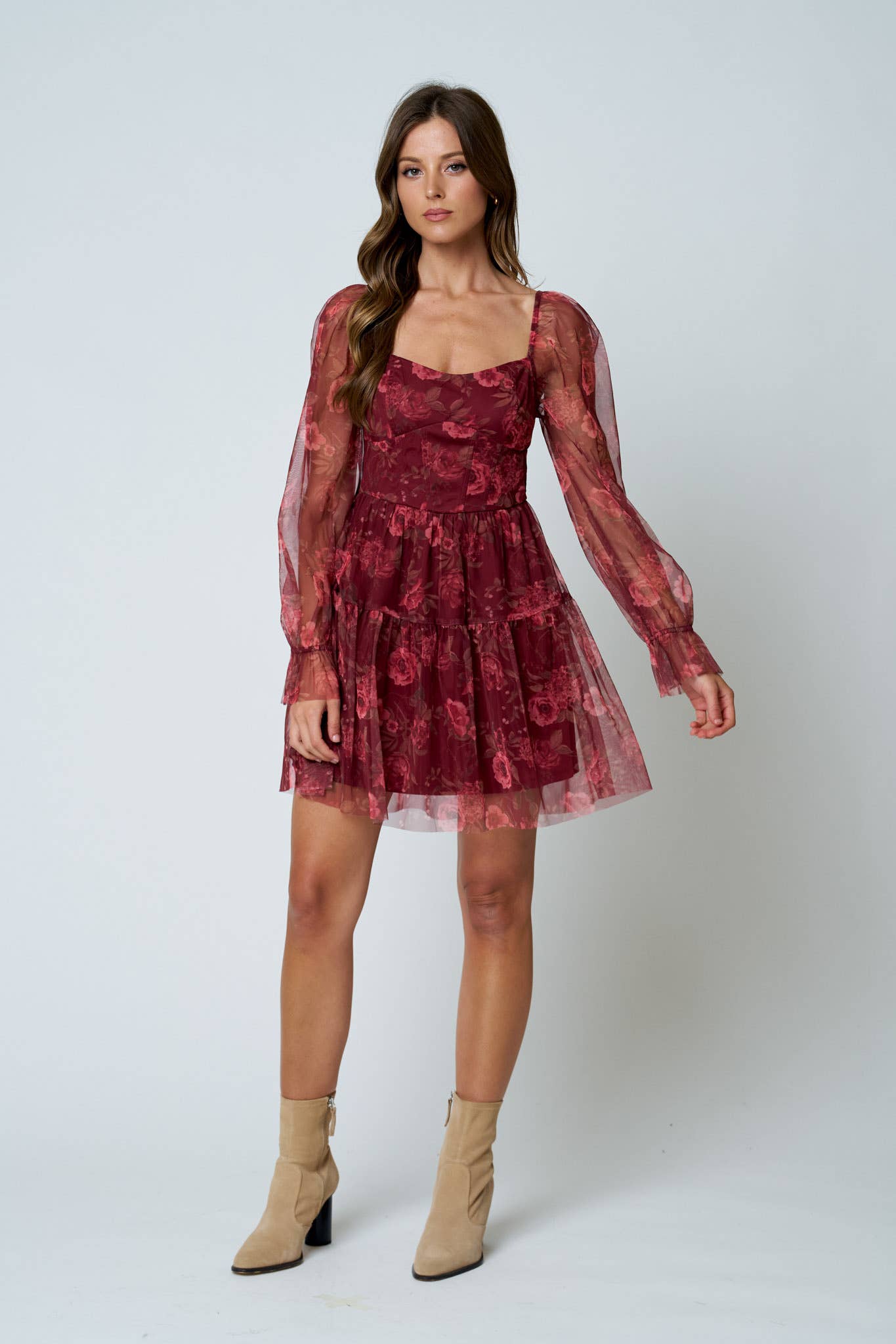 FLORAL CHIFFON LONG SLEEVE CORSET MINI DRESS