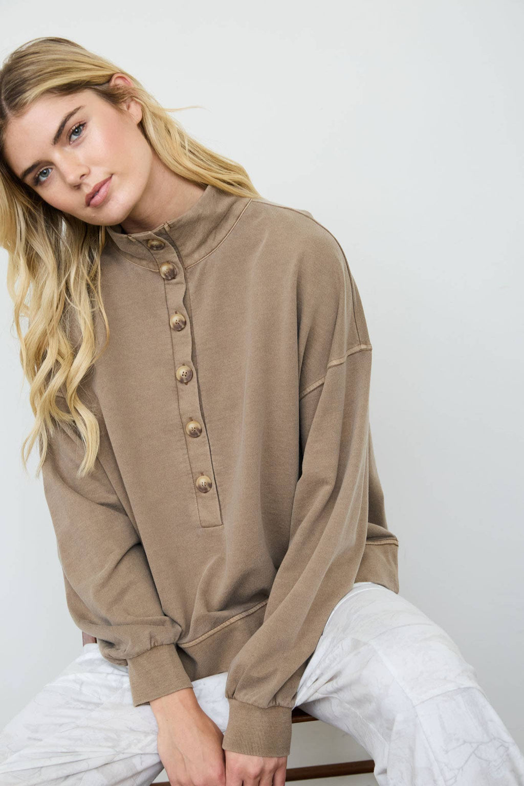 MOCK NECK HENLEY LONG SLEEVE KNIT TOP