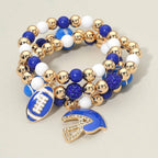 3PCS - Game Day Football Helmet Charm Beaded Stretch Multi Layered Bracelets