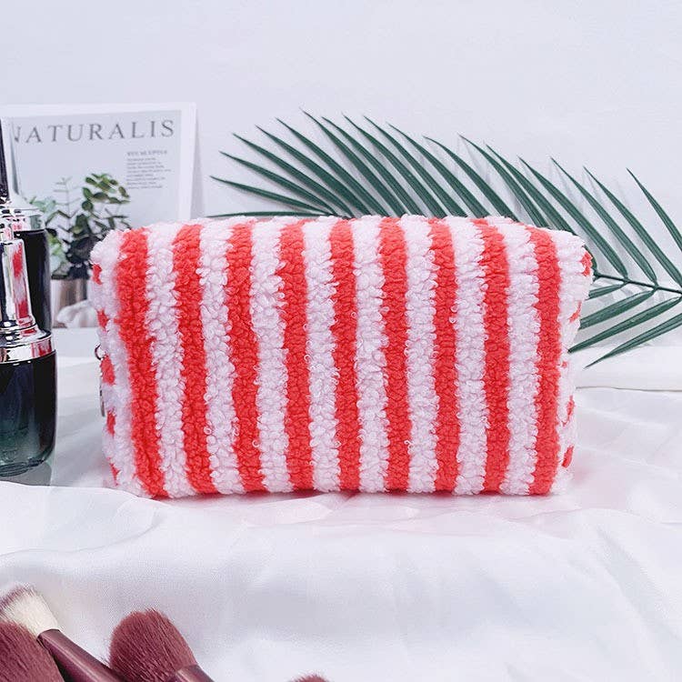 Plush Striped Sherpa Makeup Bag - Cozy Travel Pouch | 40P621