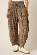 BLUE FLORAL PRINT SEAM DETAIL PULL ON BARREL PANTS