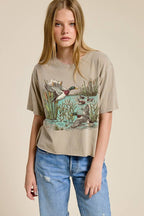 Mallard Ducks Vintage Graphic Raw Hem Faux Crop Tee