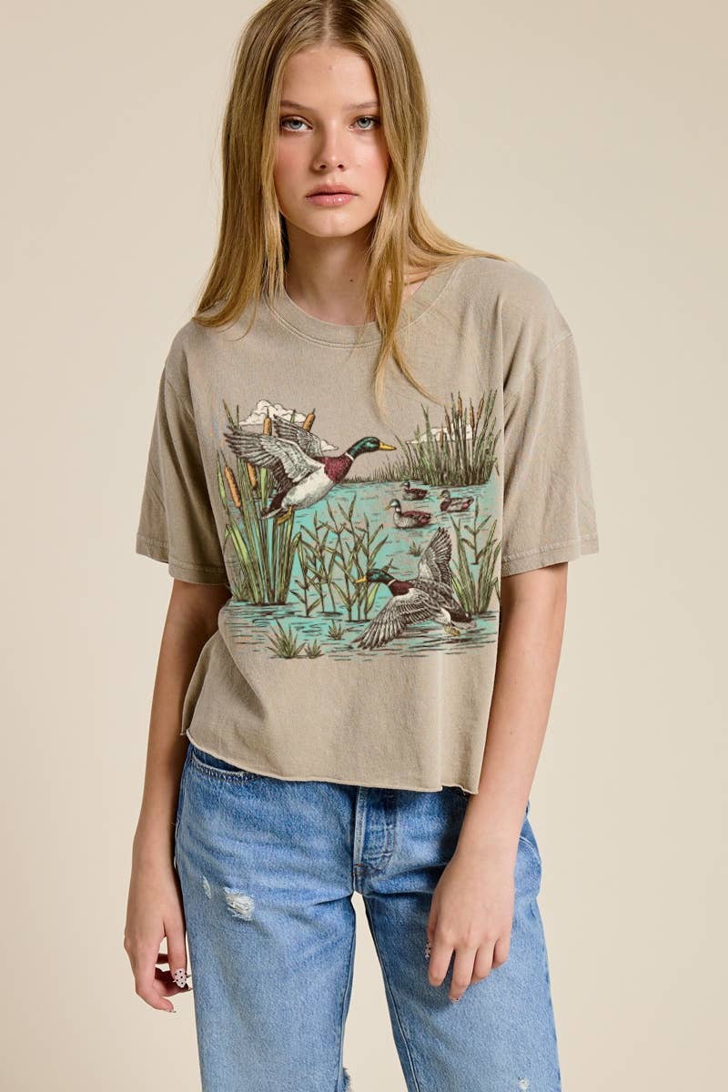 Mallard Ducks Vintage Graphic Raw Hem Faux Crop Tee