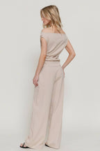 0224 Woven Off Shoulder Top & Pants Set SI-29533