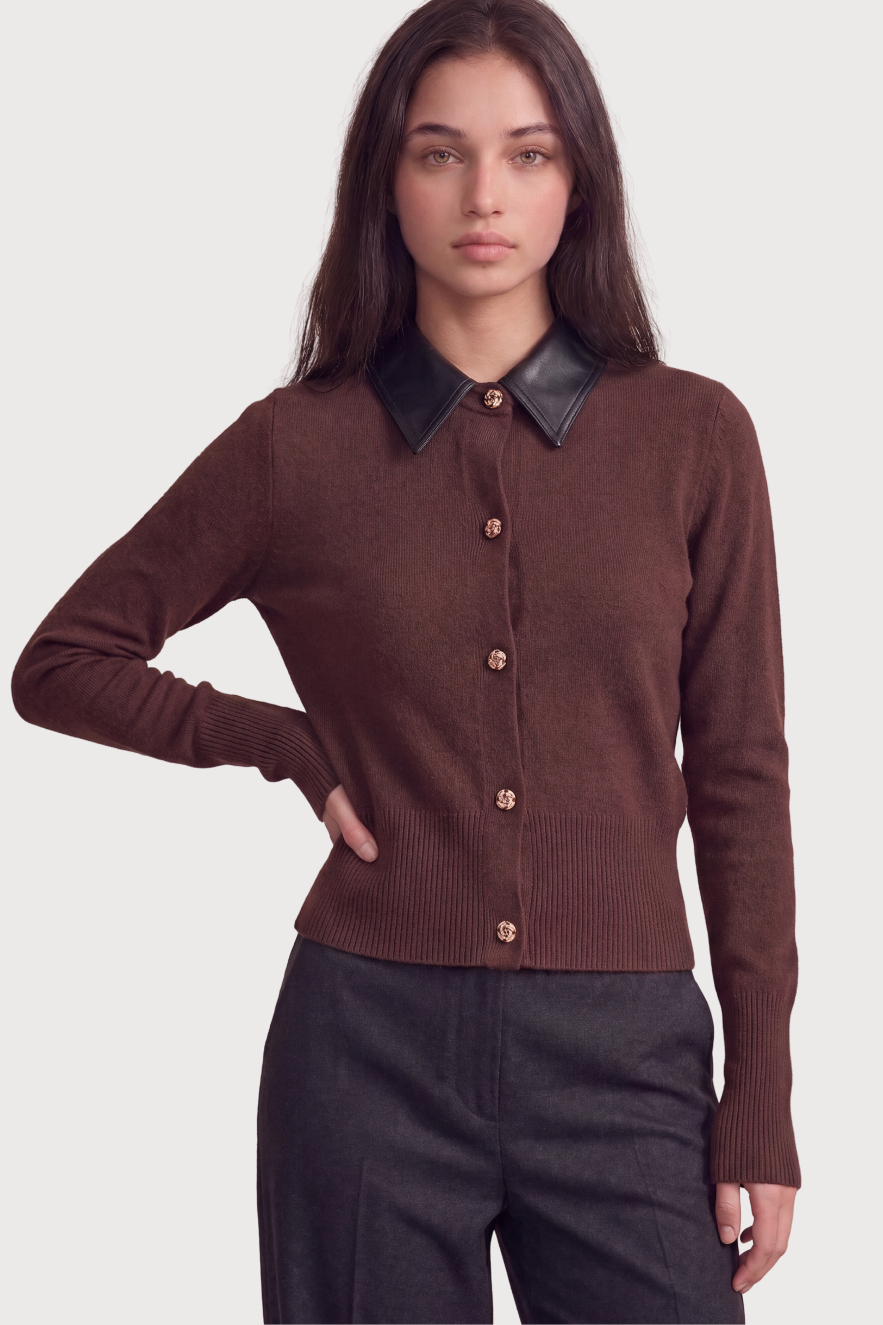 Leather collar Button down Cardigan