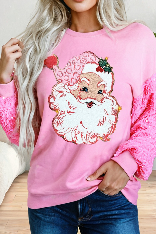 Santa Patch Hot Pink Sequin Sleeve Pullover