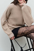 RIBBED ROLLED MOCK NECK CROPPED KNIT SWEATER