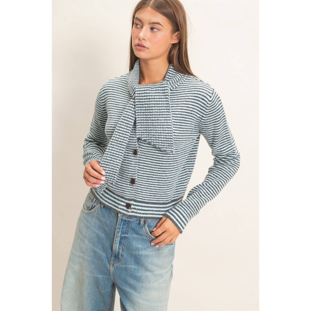 Striped Cardigan With Scarf