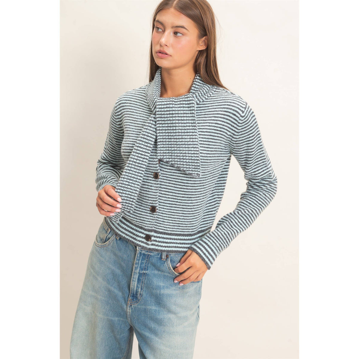 Striped Cardigan With Scarf