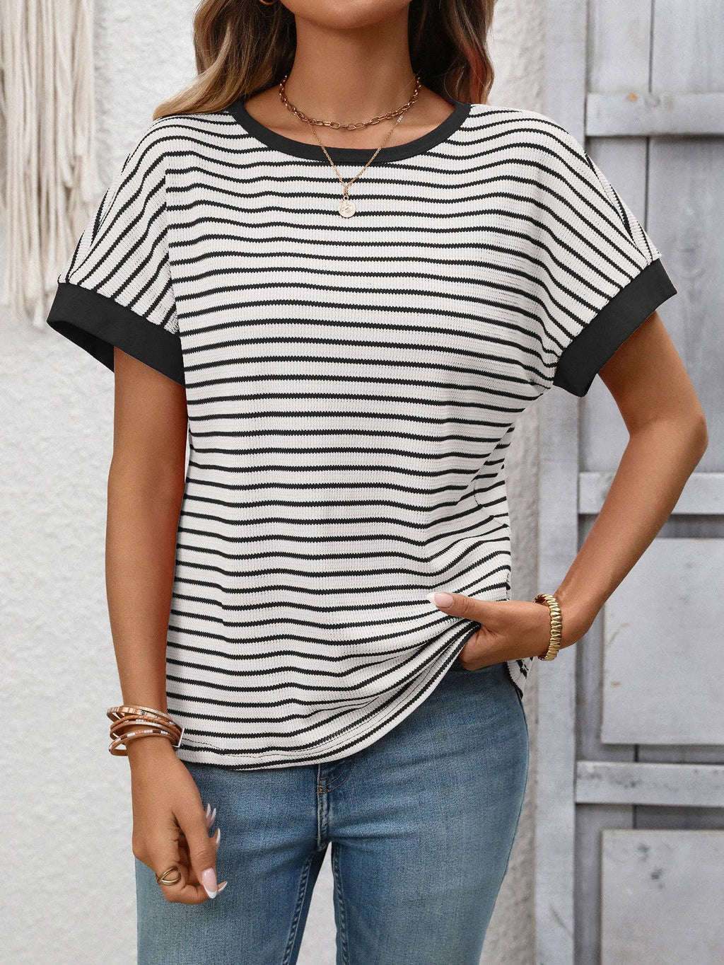 Striped Knit Tee Casual Oversized Boutique T Shirt
