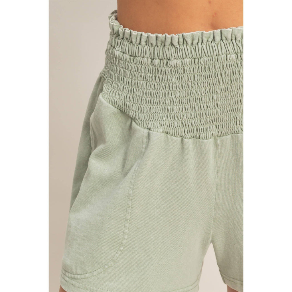 Smocked Waist Mineral Wash Shorts