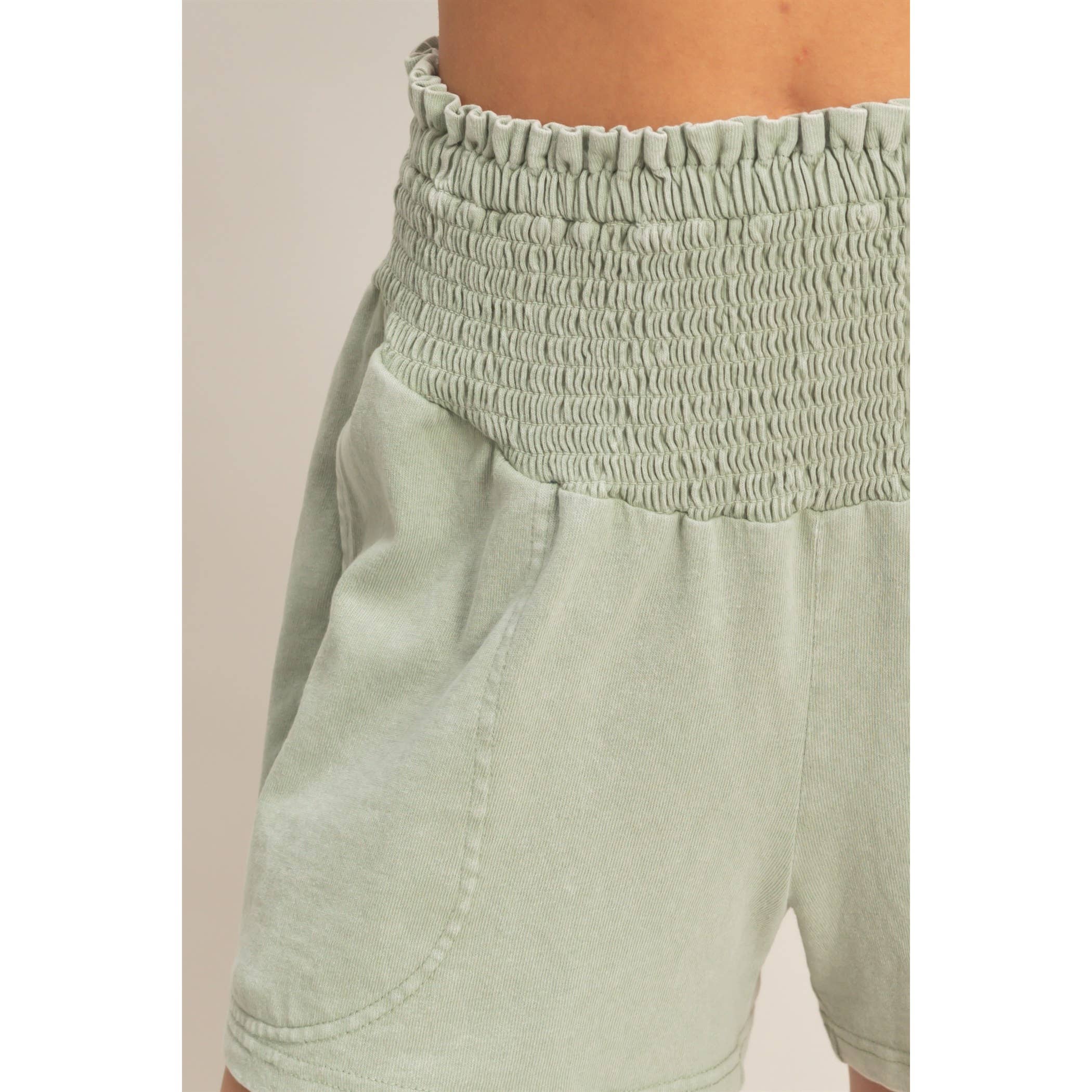 Smocked Waist Mineral Wash Shorts