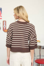 STRIPE RAW EDGE DROP SHOULDER SHORT SLEEVE SWEATER