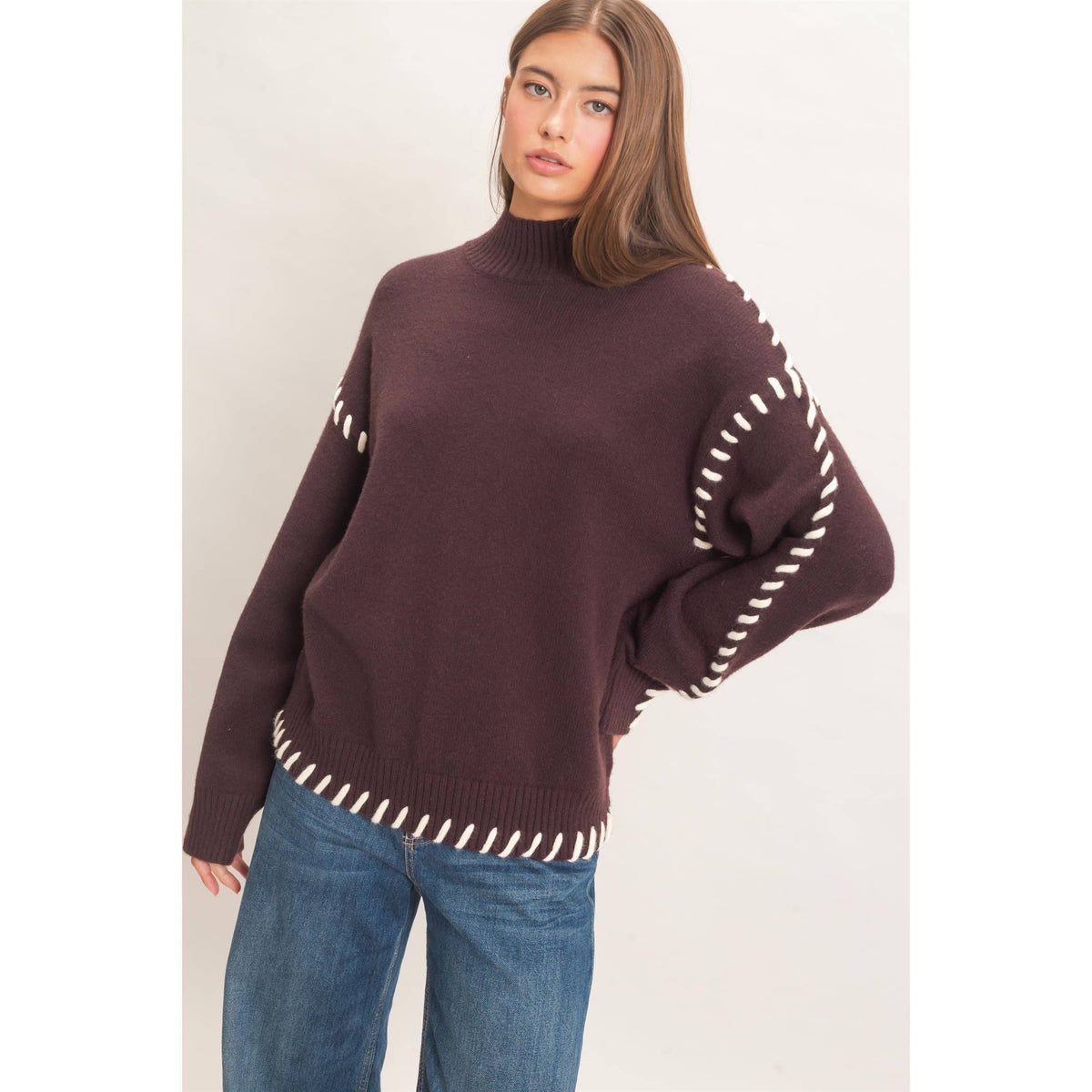 Blanket Stitch High Neck Sweater