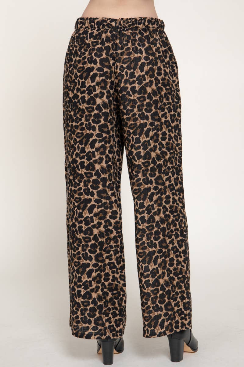 Elastic Waist Leopard Print Double Gauze Pants w/ Pockets
