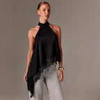 Women’s Satin Lace Trim Halter Neck Asymmetrical Top