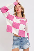 CASUAL SOFT COZY  RELAXED FIT CHECKER KNIT SWEATER
