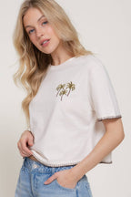 Short Sleeve Round Neck Embroidery Detail Cotton Jersey Top