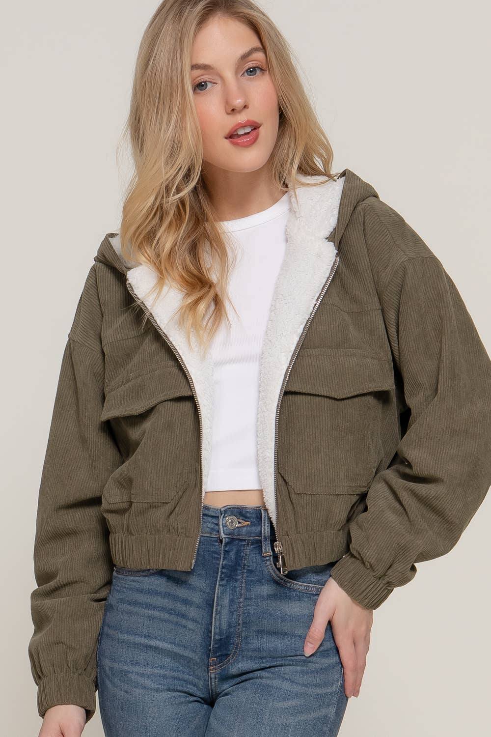 Long Sleeve Hoodie Inside Fur Corduroy Zip Up Jacket