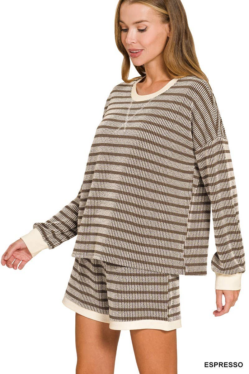 Raised Rib Striped Pullover And Shorts Set