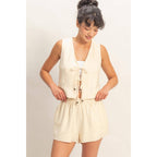 Sleeveless Tie-Front Vest And Elastic Waist Shorts Set