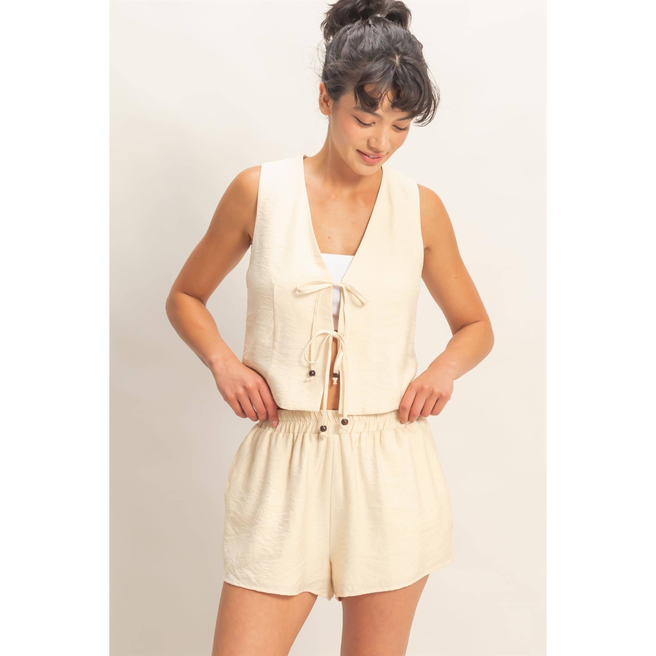 Sleeveless Tie-Front Vest And Elastic Waist Shorts Set