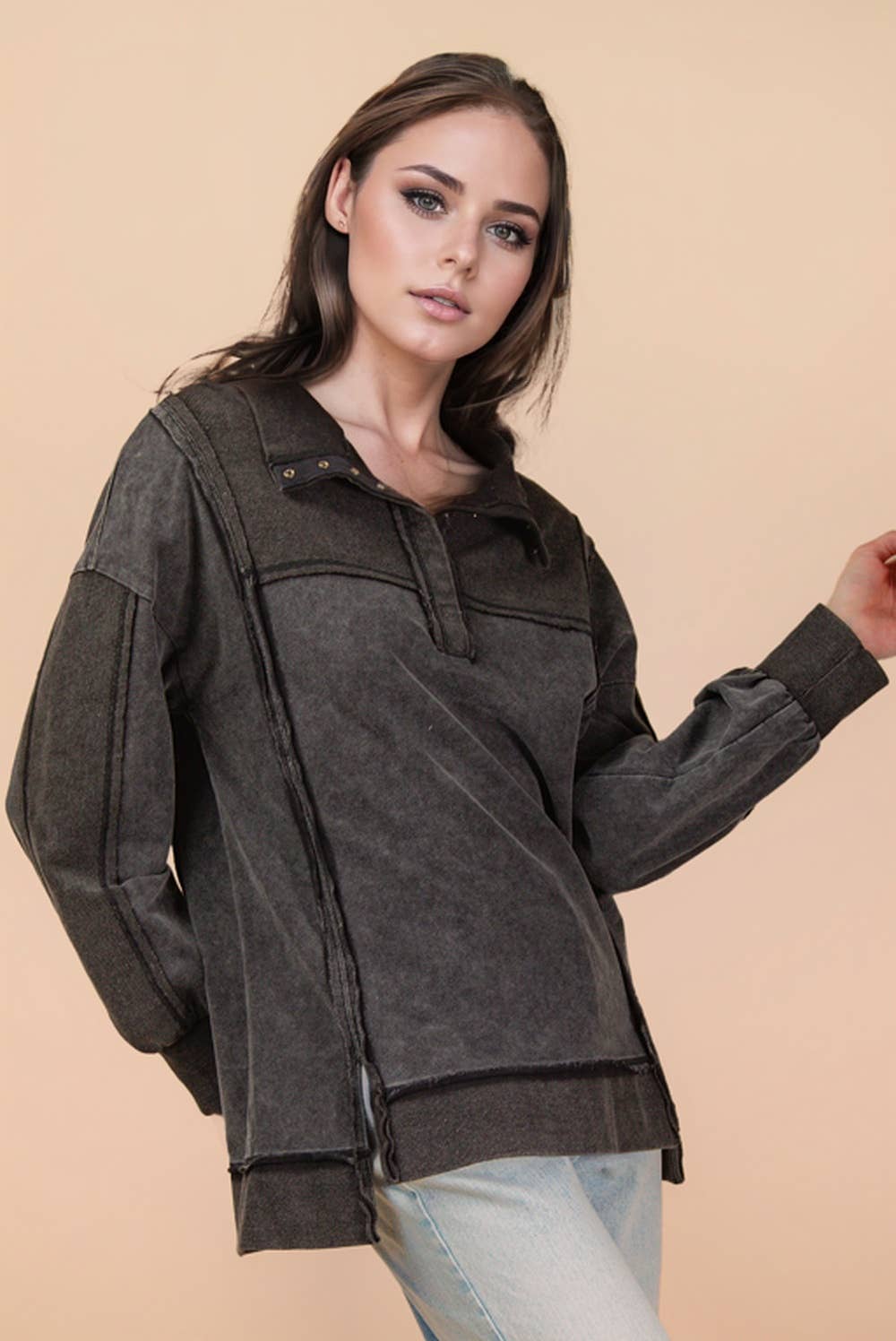 NT12365-Half Button Down Oversized Contrast Knit Top