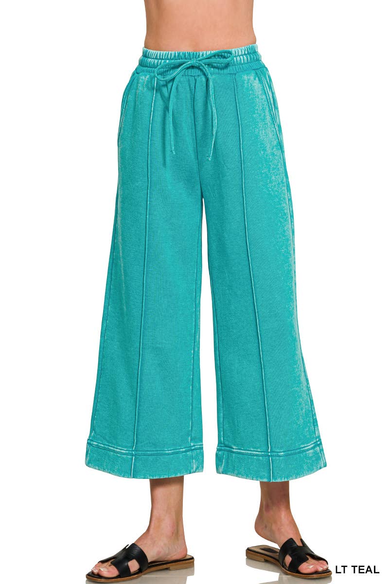 Acid Washed Fleece Pintuck Wide Leg Cropped Pants w/ Pockets